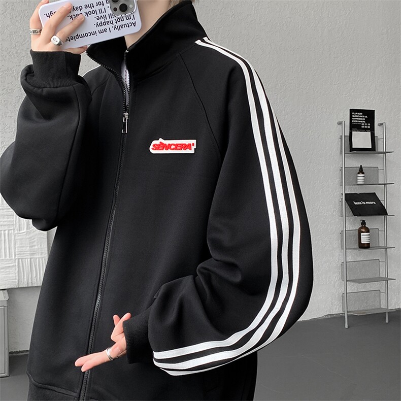 8XL-M条纹撞色开衫新年红卫衣运动套装潮牌运动服校园风TZ114P118，男装休闲套装，电商D206-1