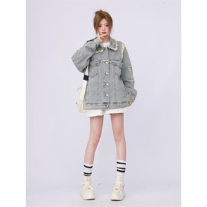 新款美式高街oversize水洗做旧破洞牛仔外套女夹克潮LJK89200-p58图片