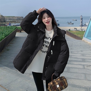 韩版短款连帽米白色羽绒服女2025冬季新款收腰显瘦保暖白鸭绒外套图片