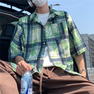 2025美式扎染印花冰丝凉感短袖五分袖格子衬衫 CS1866/特P25 绿色图片