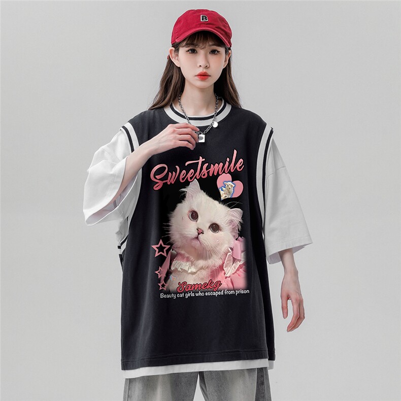 ！夏季时尚可爱小猫印花假两件背心短袖T恤女T6618P40控58,男装背心/马甲,电商A268