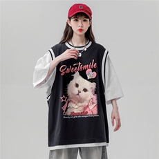 ！夏季时尚可爱小猫印花假两件背心短袖T恤女T6618P40控58，男装背心/马甲，电商A268