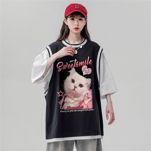 ！夏季时尚可爱小猫印花假两件背心短袖T恤女T6618 P40控58图片