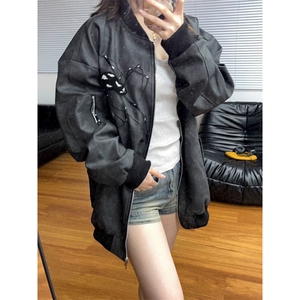 美式蜘蛛刺绣PU皮飞行员夹克男女春季新款复古做旧皮衣棒球服外套图片