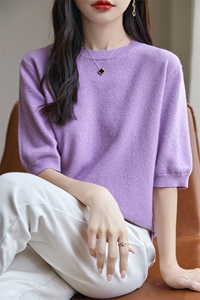 夏季款亲肤丝滑天丝羊毛短袖T恤女圆领凉感宽松半袖上衣针织打底图片