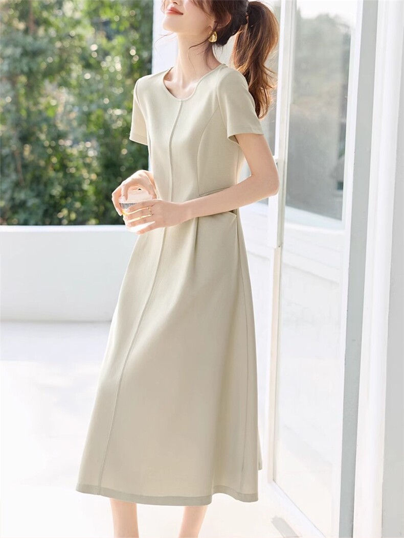 气质休闲白月光腰部打褶显瘦连衣裙2025夏季新款连衣裙女,女装连衣裙,梦白服饰厂
