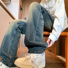 牛仔裤男水洗做旧修身直筒宽松微喇裤子美式高街微弹休闲长裤，男装牛仔裤，星座410-7