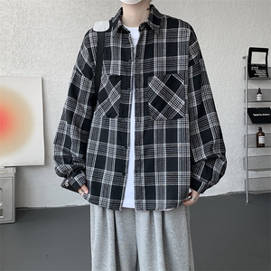 衬衫男秋季新款港风宽松大码磨毛格子长袖衬衣CS500-P35