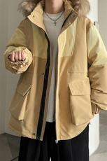 港风2026新品冬季宽松撞色棉服派克服毛领冬装加厚外套D009-P145，男装棉衣，星座717