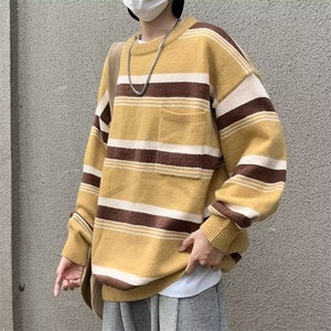 美式复古条纹毛衣男秋冬港风宽松圆领针织衫休闲毛线衣潮 M7115图片
