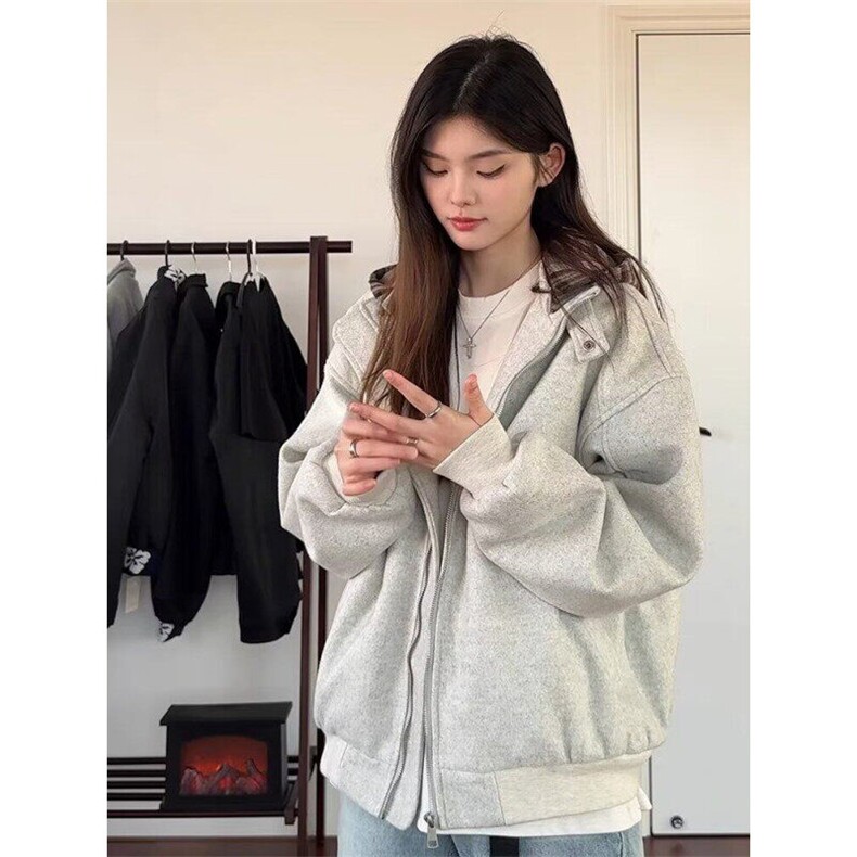 美式秋冬季2024假两件格子连帽棉服男女同款复古街头拉链上衣外套图片
