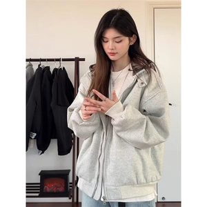 美式秋冬季2024假两件格子连帽棉服男女同款复古街头拉链上衣外套图片