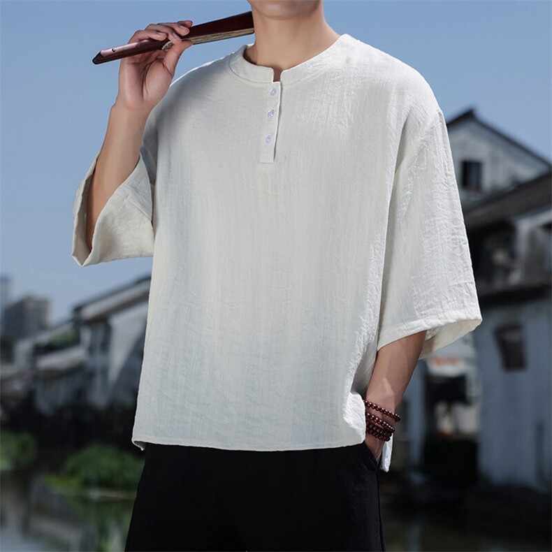 2025夏季风七分袖立领上衣盘扣休闲纯色T恤宽松大码T2510-P60,男装T恤,电商A008
