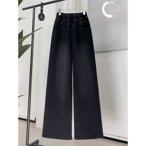 1506-1/K2501/P43.5春秋季简约风加绒松紧腰休闲直筒牛仔裤男女图片