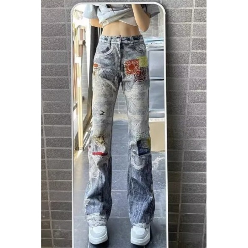 高腰阔腿破洞牛仔裤设计感小众夏季复古显瘦做旧涂鸦垂感直筒裤，男装牛仔裤，星座601-1