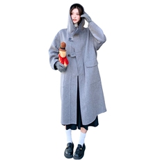 现货新款双面羊毛呢正反两穿连帽风衣，女装双面呢大衣，丝露怡语