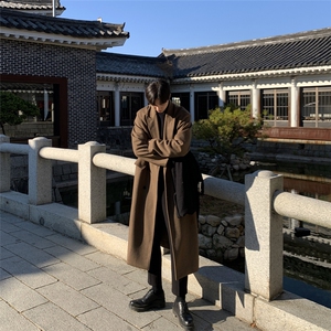 高级感灰色大衣男春秋冬加厚潮流宽松中长款过膝风衣韩系毛呢外套图片