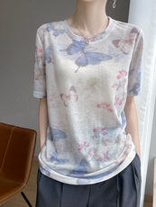 简约圆领新款针织女短袖简约百搭宽松套头上衣，女装针织衫/毛衣，绒宛羊绒