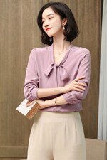2025春装蝴蝶结真丝衬衫女长袖纯色桑蚕丝上衣衬衣通勤飘带小衫，女装衬衫，阿舍尔精品
