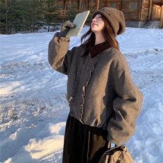 （预售7天）撞色翻领木耳边羊毛呢外套女冬季夹棉保暖呢子夹克女，女装棉衣/棉服，浙宝189