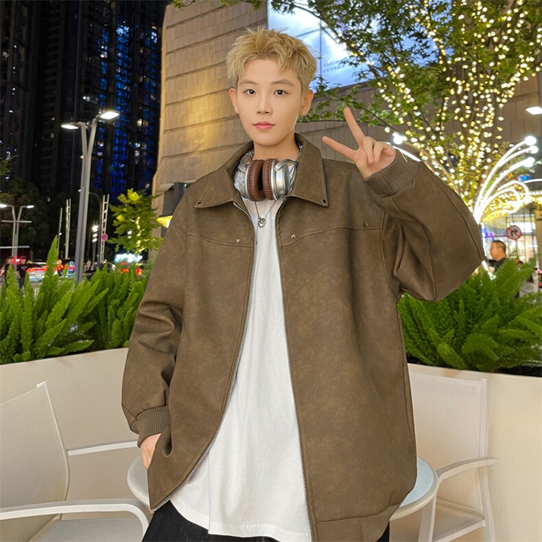 秋季翻领皮夹克男宽松男士皮衣外套潮新款薄A266-PY010-特批P65，男装皮衣，电商A266