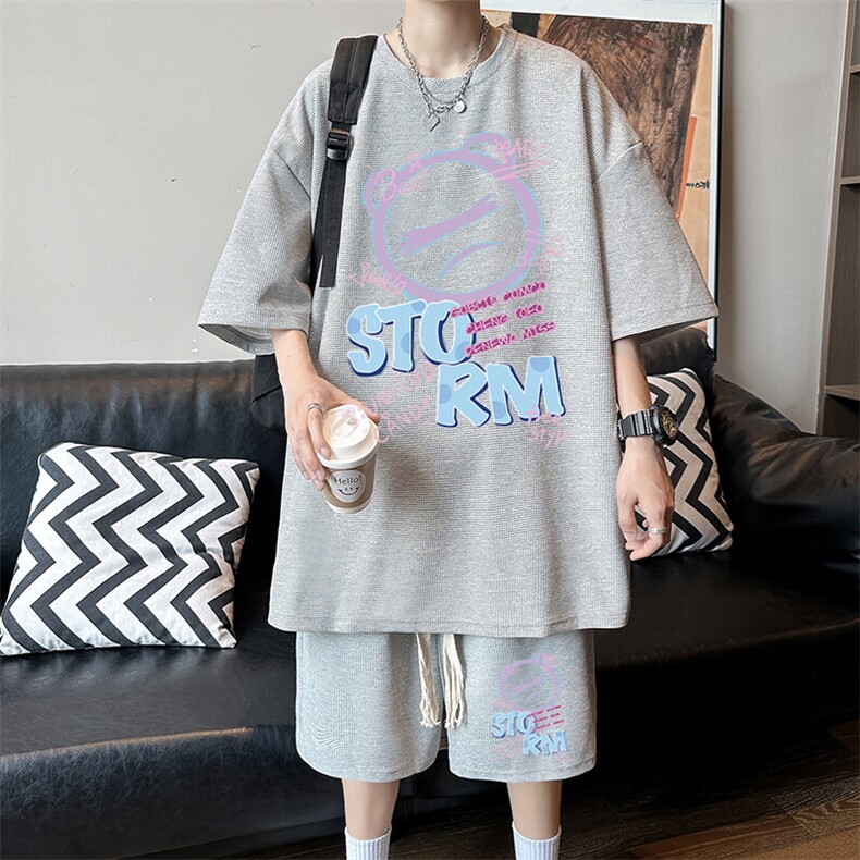 冰丝短袖t恤男夏季重磅华夫格套装青少年休闲运动篮球服搭配一套,男装T恤,星座1904A-1