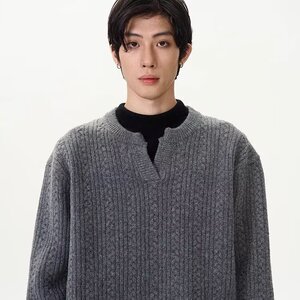 A317-P45 美式v领cleanfit毛衣男秋冬高级感简约休闲慵懒麻花纹针图片