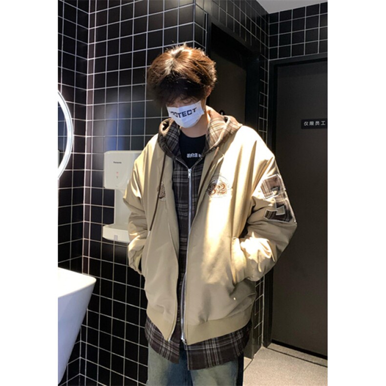 刺绣潮牌棉服外套复古格子假两件连帽冬季加厚保暖棉衣JY66,男装棉衣,星座1116A（原606A-3）