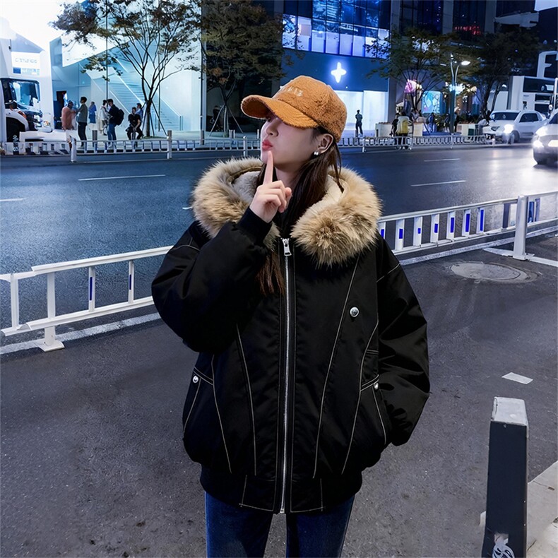 现货重磅boxy短款棉衣座山雕大毛毛领男女棉服水洗工装厚外套,男装棉衣,电商A486-1