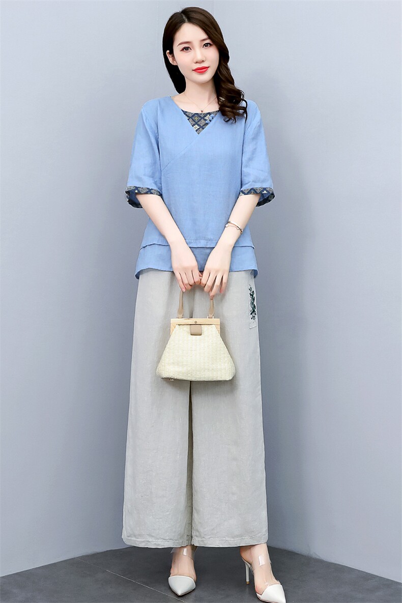 时尚绣花苎麻阔腿裤套装女2024年夏季休闲宽松高端妈妈棉麻两件套,女装套装/套裙,凝聚力