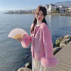 现货新款2183-P390-K569双面羊绒带袖毛狐狸毛可脱，女装双面呢大衣，韩然一族