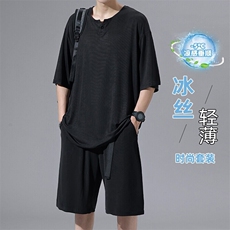 特批P45无差价夏季冰感冰丝垂感薄款大码V领短袖短裤套装男TZ5596，男装休闲套装，电商A001-1
