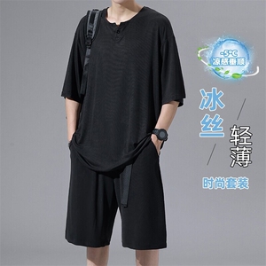 特批P45无差价夏季冰感冰丝垂感薄款大码V领短袖短裤套装男TZ5596图片