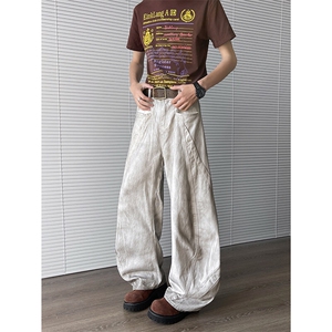 美式复古做旧脏染阔腿牛仔裤男女春夏宽松直筒弯刀裤潮N07819-P60图片