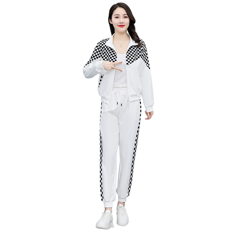 运动套装女2022新款洋气网红炸街休闲时尚棋盘格加绒卫衣两件套,女装套装/套裙,曼娅璐