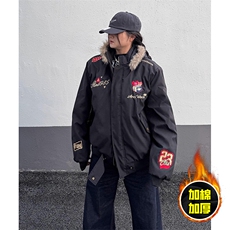 现货高品质美式高街重磅刺绣座山雕大毛毛领棉衣男女加厚棉服外套，男装棉衣，电商A443