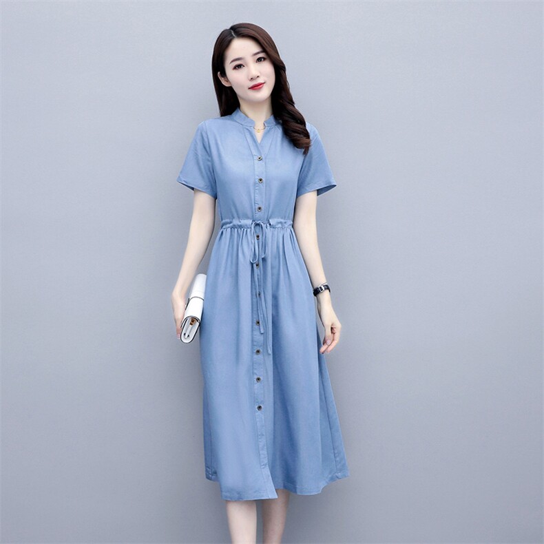 天丝牛仔衬衫连衣裙2024年夏季V领时髦收腰显瘦洋气减龄夏天裙子A,女装连衣裙,木橙西子
