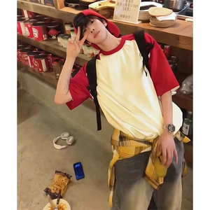 抖音得物高品质二开240克宽松纯棉美式潮牌插肩袖拼接短袖T恤图片