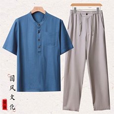 主推！棉麻套装2024新款夏季风亚麻短袖T恤休闲长裤套装，男装T恤，钱塘6003（原4033）