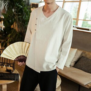 2021春秋季新款男装原创宽松衬衣大码侧扣唐装衬衫 C01特模特图图片