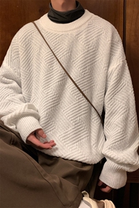 秋冬纯色大码百搭菱格圆领毛衣男士高级感毛线衫针织衫MY105-P40图片