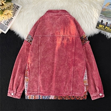 美式复古粉色水洗拼接牛仔外套男女古着情侣棒球服，女装职业装，星座410-7