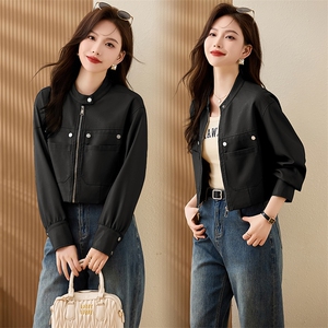 现货复古短款皮衣外套女2024春秋新款PU皮机车服秋季女式皮夹克图片