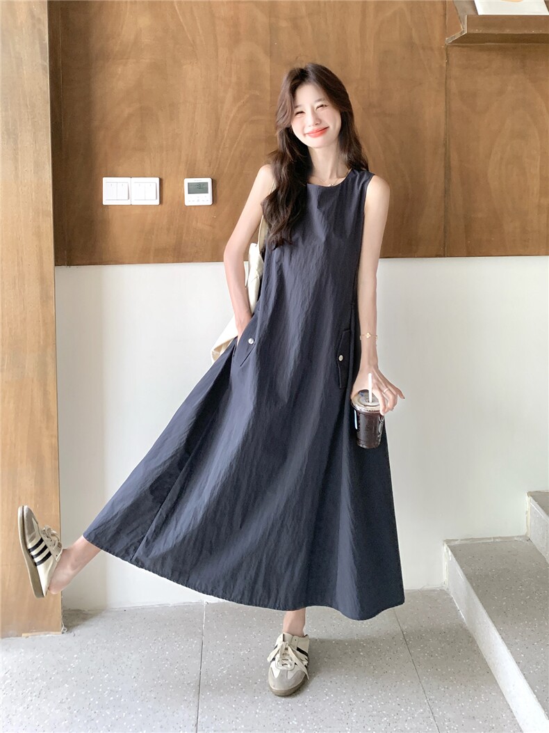 简约休闲显瘦背心连衣裙女2025年夏季新款韩系收腰无袖百搭长裙子,女装连衣裙,琦鑫阁（原依鑫阁）