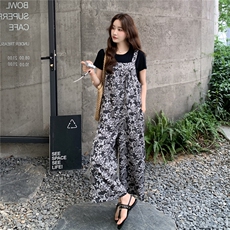 韩系休闲拼色印花背带裤女2025夏季新款宽松慵懒风气质显瘦阔腿裤，女装连体裤，2C353