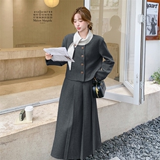 赫本风灰色毛呢西装外套半身裙套装女秋冬新款设计感名媛两件套潮，女装套装/套裙，2C255
