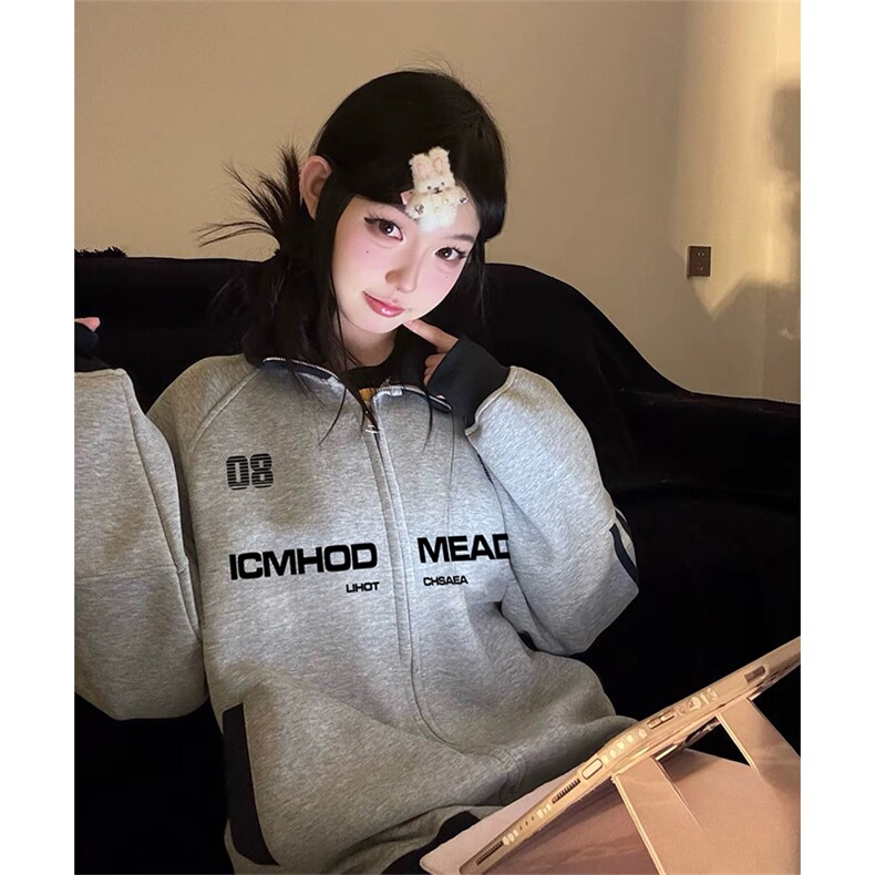 抖音得物美式高街重磅结构设计拼接织带立领印花卫衣外套ACM4201,女装短外套,电商A443