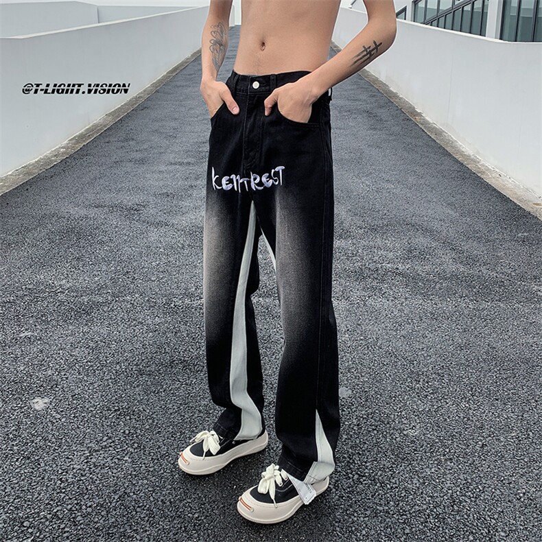 B221美式ins高街小众刺绣拼接直筒牛仔裤LK23034-P65控88,男装牛仔裤,电商B221