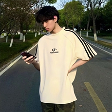 抖音得物品质二开240克宽松纯棉美式潮牌印花三条杠中性风短袖T恤，男装T恤，电商A486-1