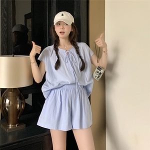 休闲运动宽松蓝色衬衫短裤套装女夏2025新款两件套小个子时尚减龄图片